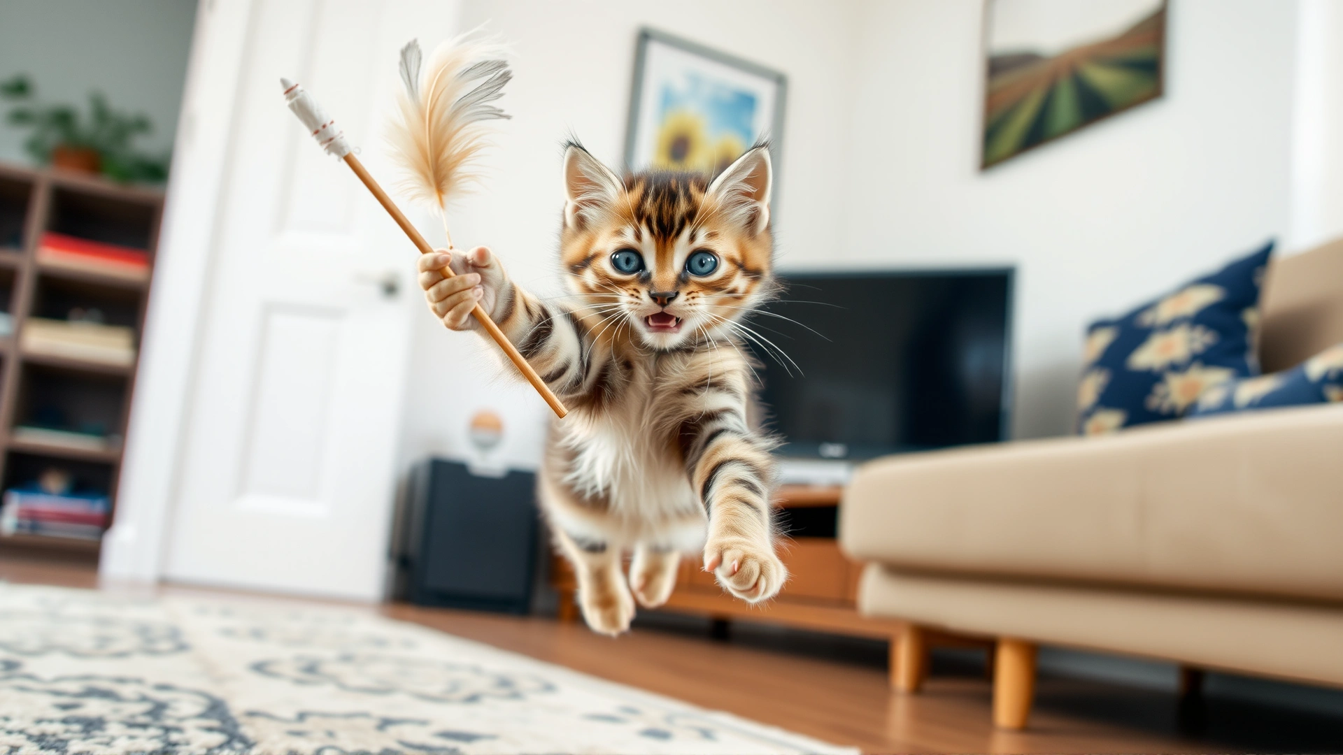 Playful kitten leaping after a feather wand toy in a living room, motion blur conveying action.