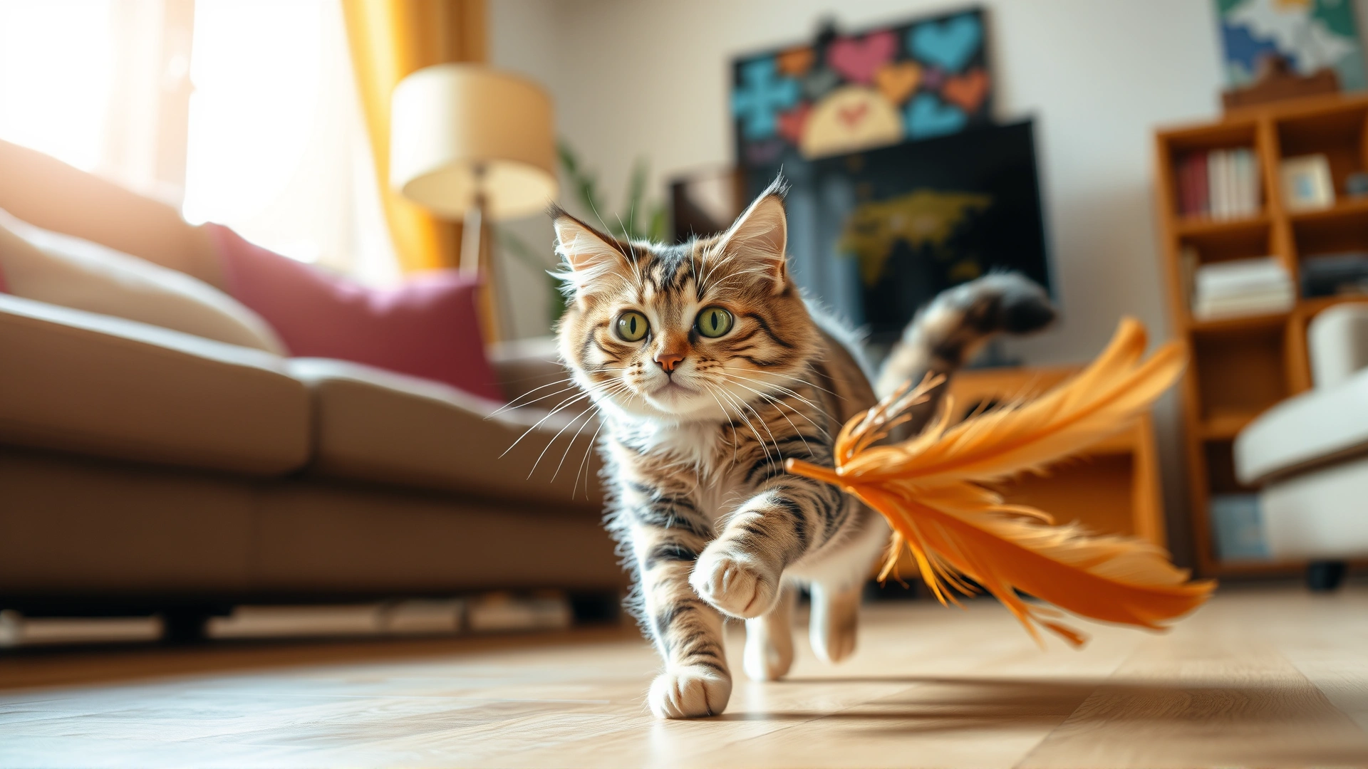 Energetic cat chasing a feather toy in a living room, motion blur showing activity