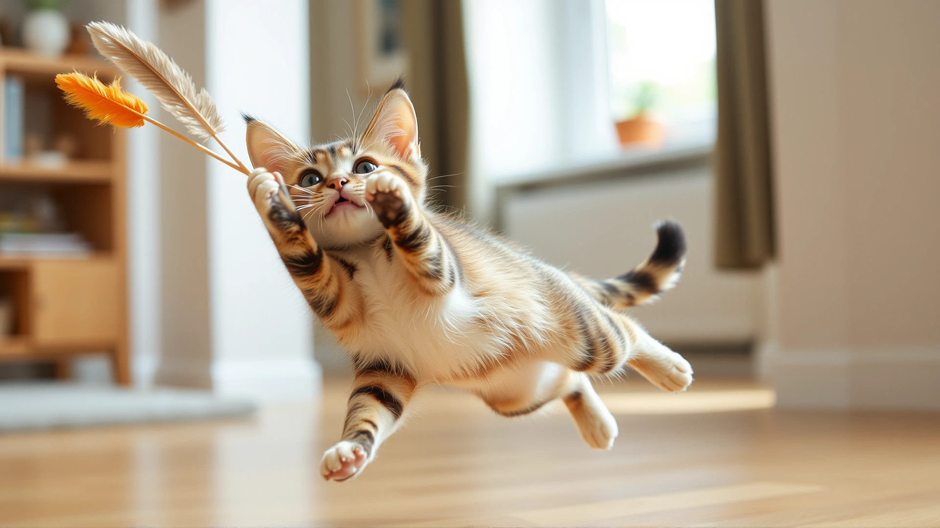 Energetic young cat leaping to catch a feather wand toy mid-air in a bright room.