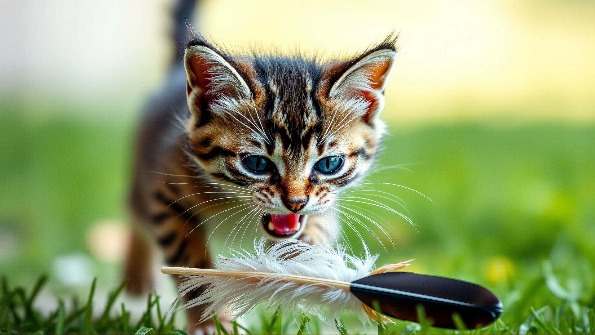 Playful kitten pouncing on a feather toy, mid-action blur emphasizing energy and playful aggression.