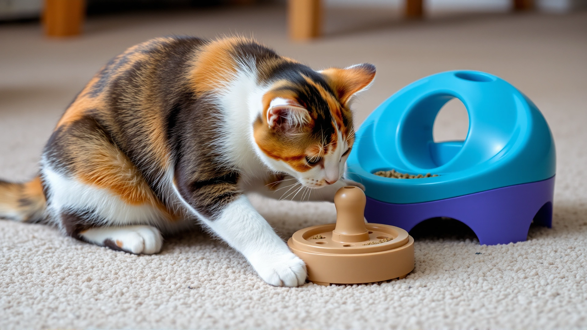 Playful calico cat engaging with an interactive puzzle feeder toy on a carpeted floor, symbolizing environmental enrichment.