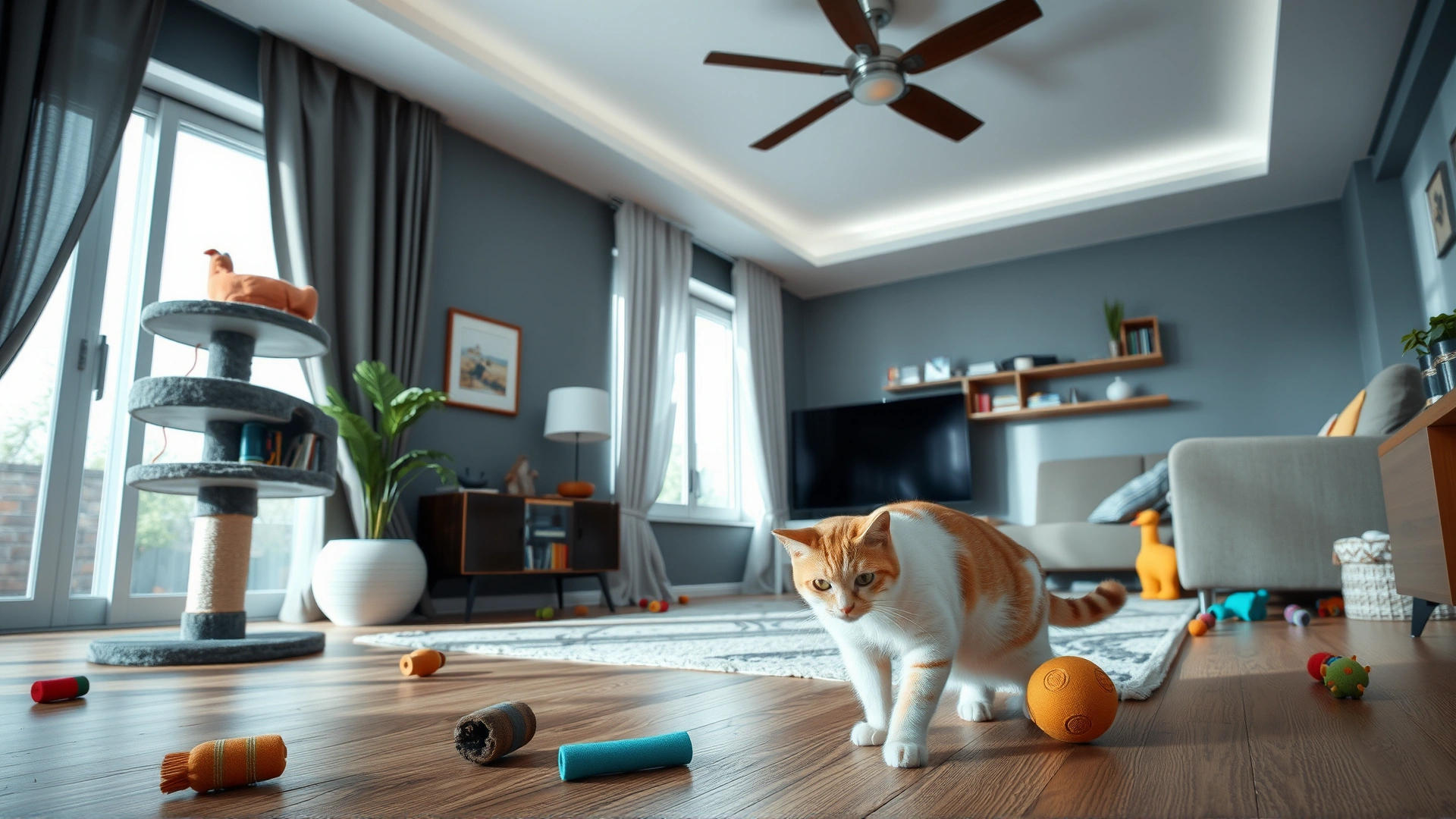 A modern living room with a cat tree, scratching post, and scattered toys, featuring a relaxed cat exploring the space, high-resolution photo