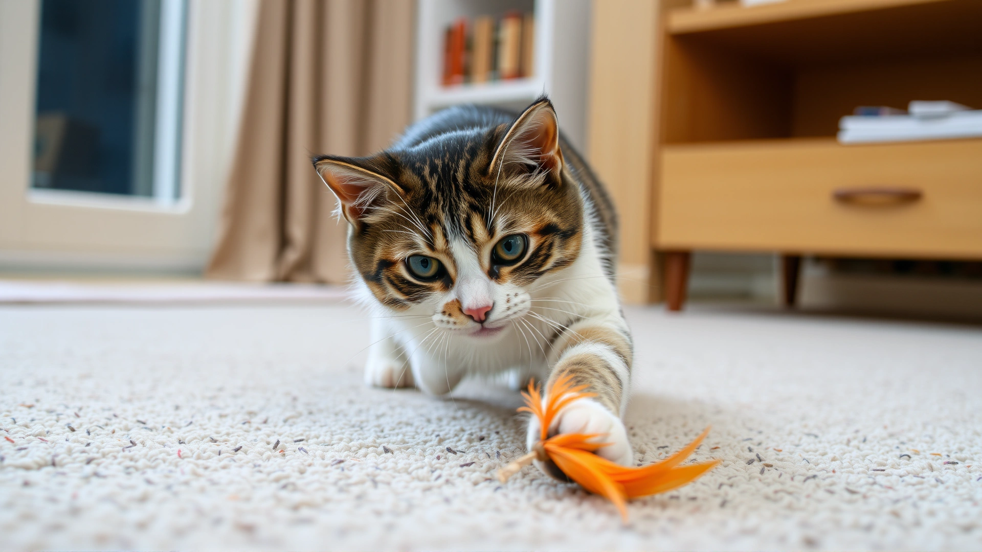 Playful indoor cat chasing a feather toy on a padded carpet, demonstrating safe environment for joint health