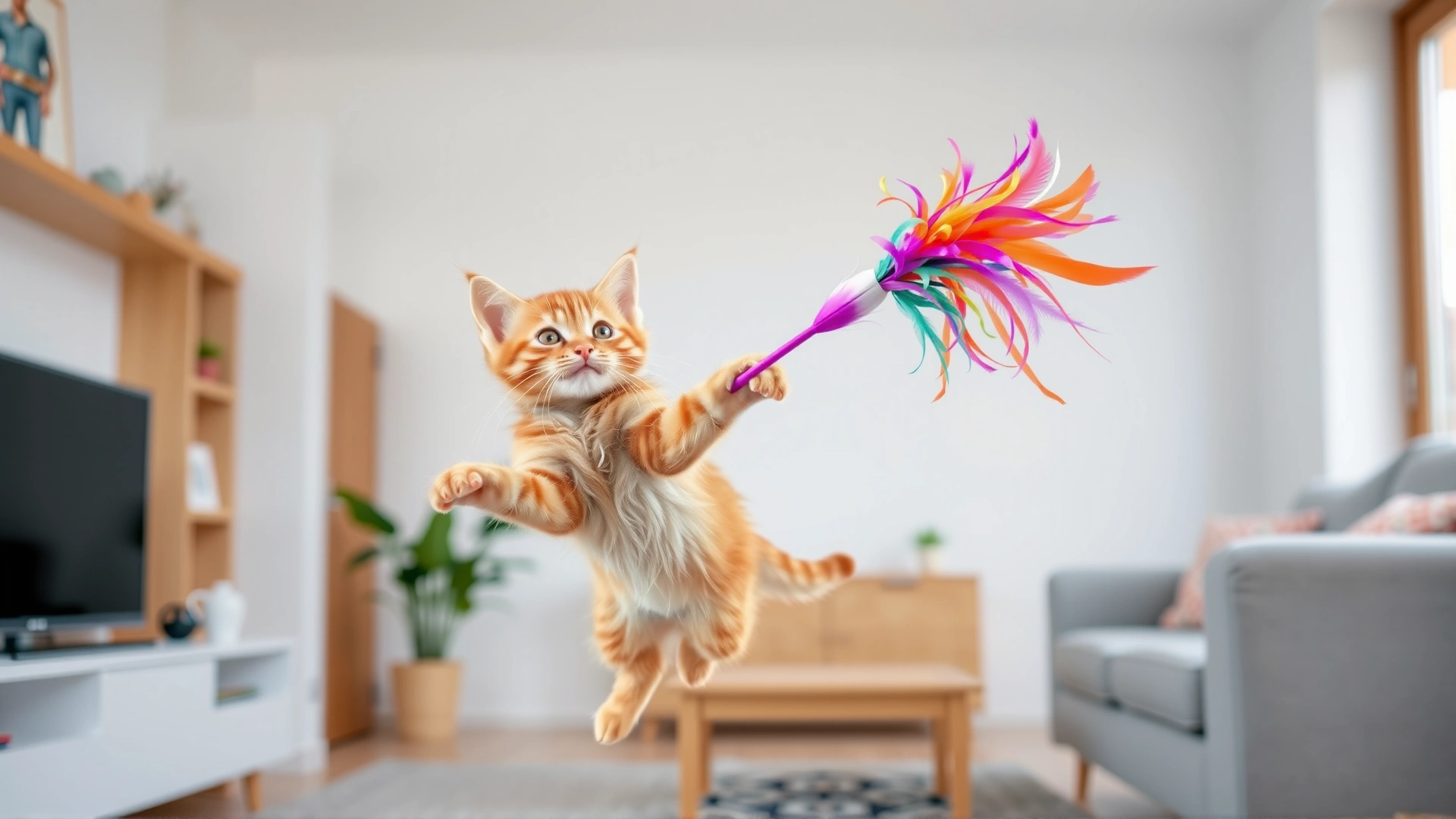 Energetic ginger kitten jumping mid-air to catch a colorful feather wand toy in a bright, modern living room.