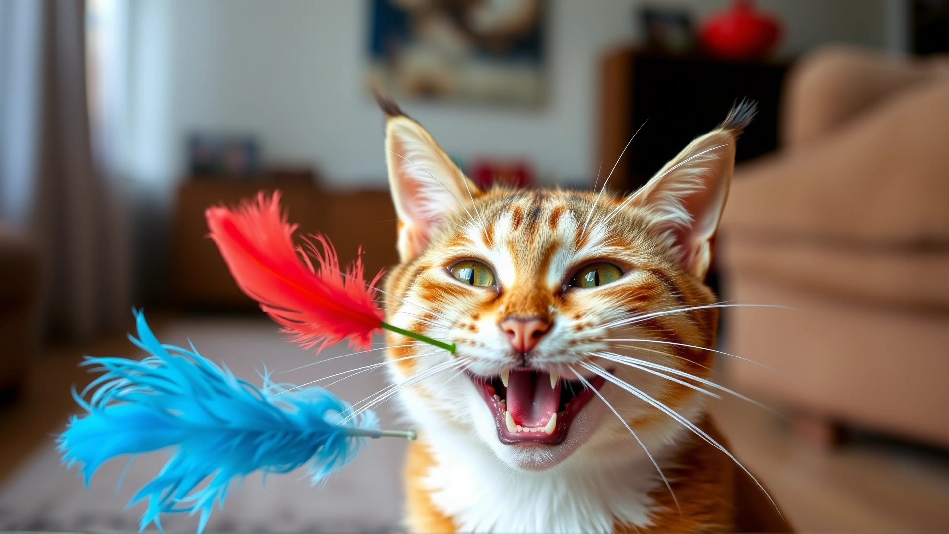 Happy cat playing with a colorful feather toy, eyes bright and healthy, living room background