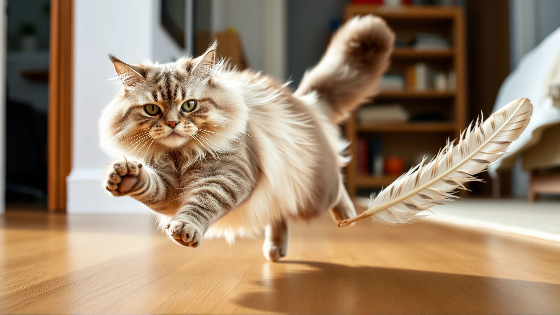 An indoor action shot of a fluffy overweight cat chasing a feather toy, mid-leap, to convey exercise for weight loss.