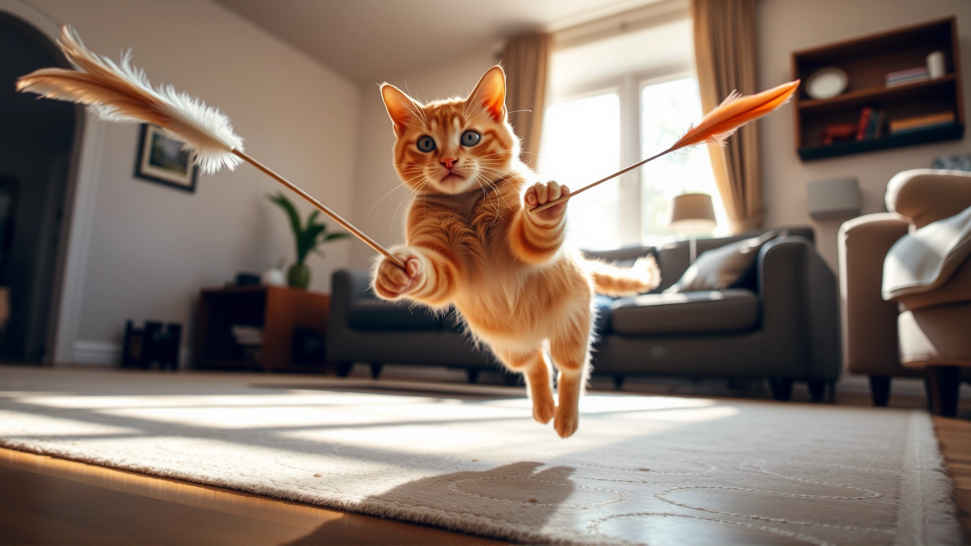 Playful orange cat mid-jump chasing a feather wand toy in a sun-lit living room.