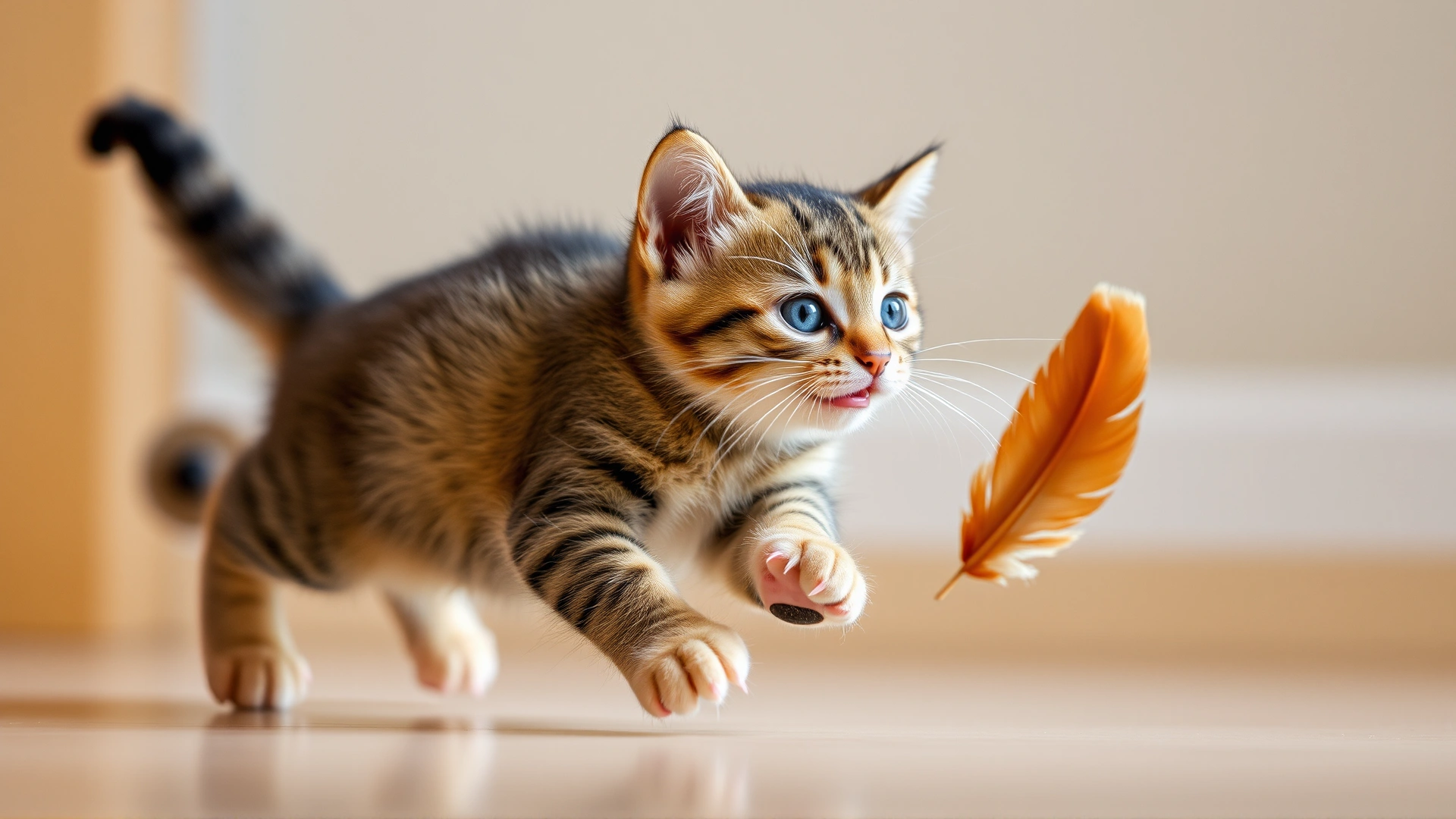 Young cat mid-pounce while chasing a feather toy, illustrating playful behavior