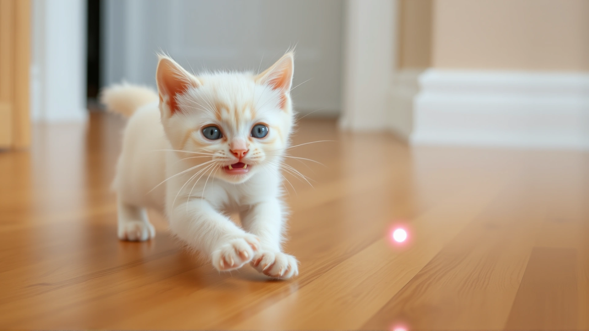 Deaf white kitten happily chasing a laser pointer dot on a wooden floor, motion blur effect, bright and playful atmosphere.