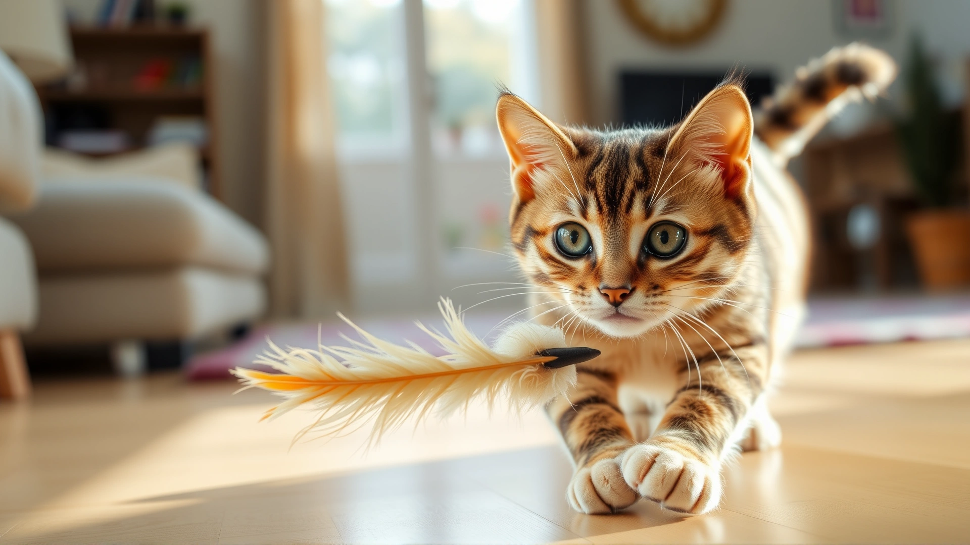 Healthy playful cat chasing a feather toy in a sunlit living room, showing bright clear eyes, no text
