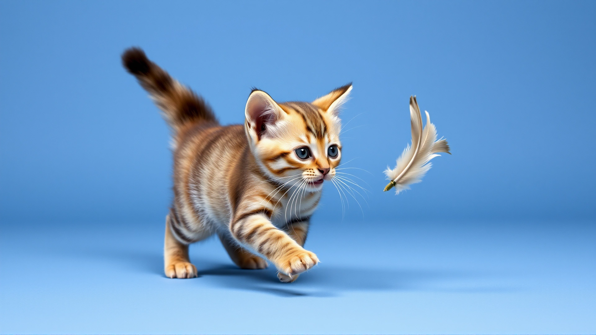 Playful kitten chasing a feather toy with its tail raised high in mid-pounce.