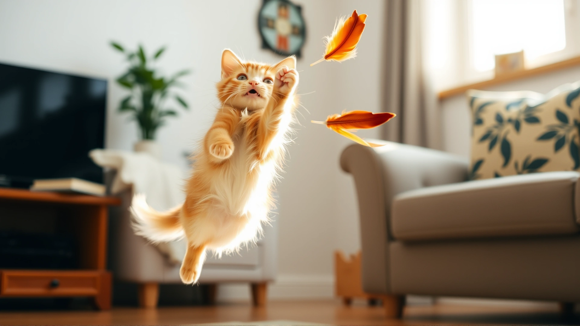 Energetic young cat jumping to catch a feather toy in a bright living room; motion captured mid-air.
