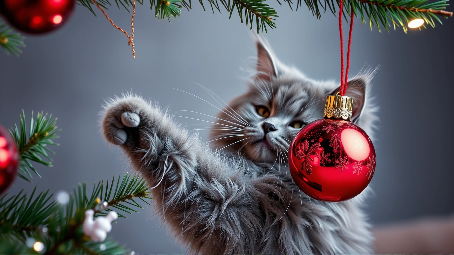 Playful scene of a fluffy grey cat batting at a shiny red ornament hanging from a low Christmas tree branch.
