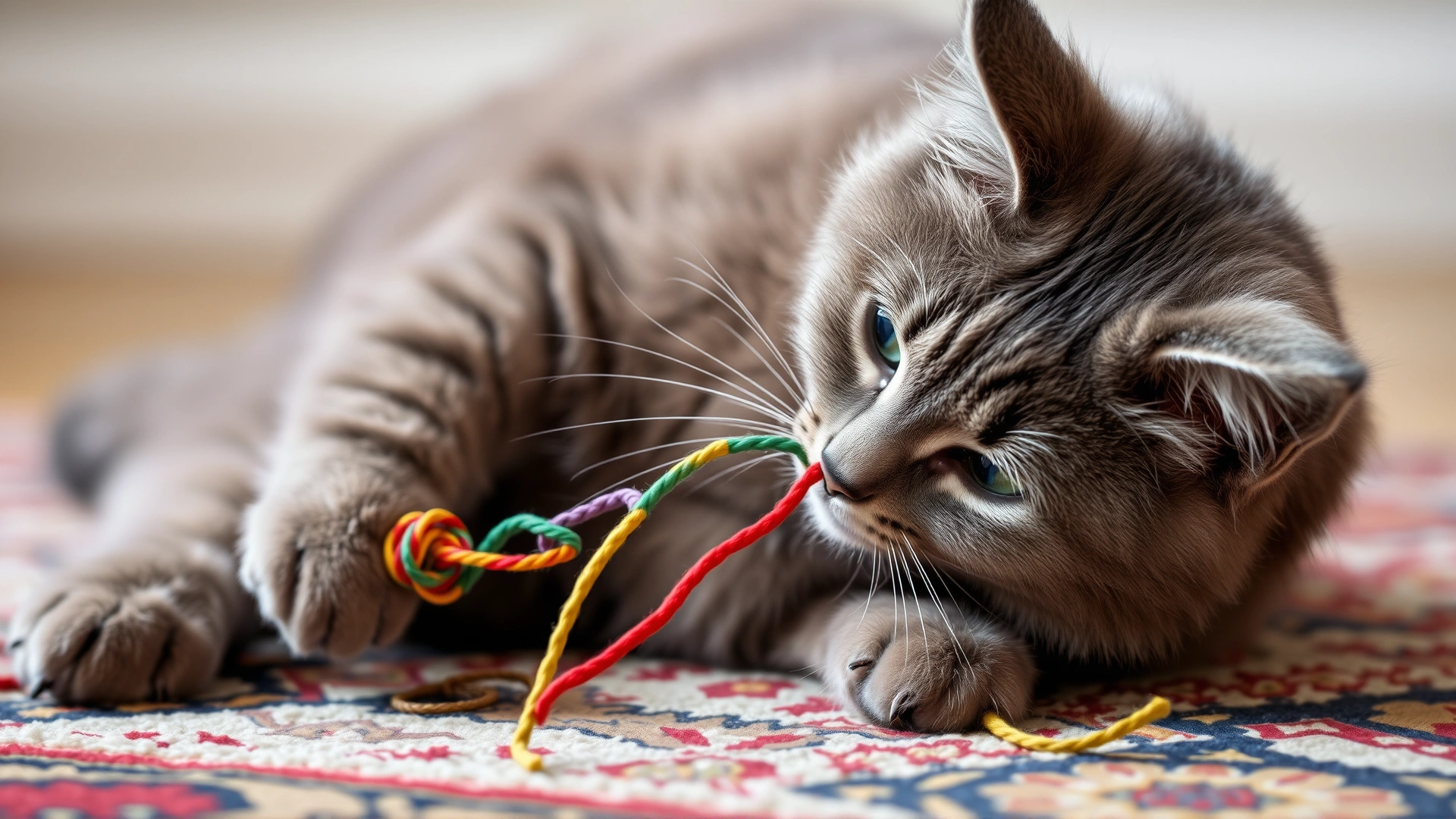 A grey domestic shorthair cat engaged with a colorful string toy on a rug.