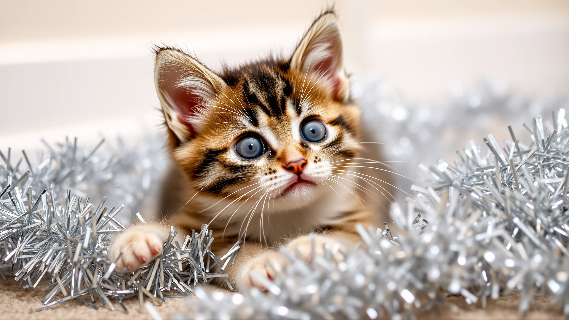 Playful kitten tangled slightly in silver tinsel on the floor, looking up with big curious eyes, festive setting, no text