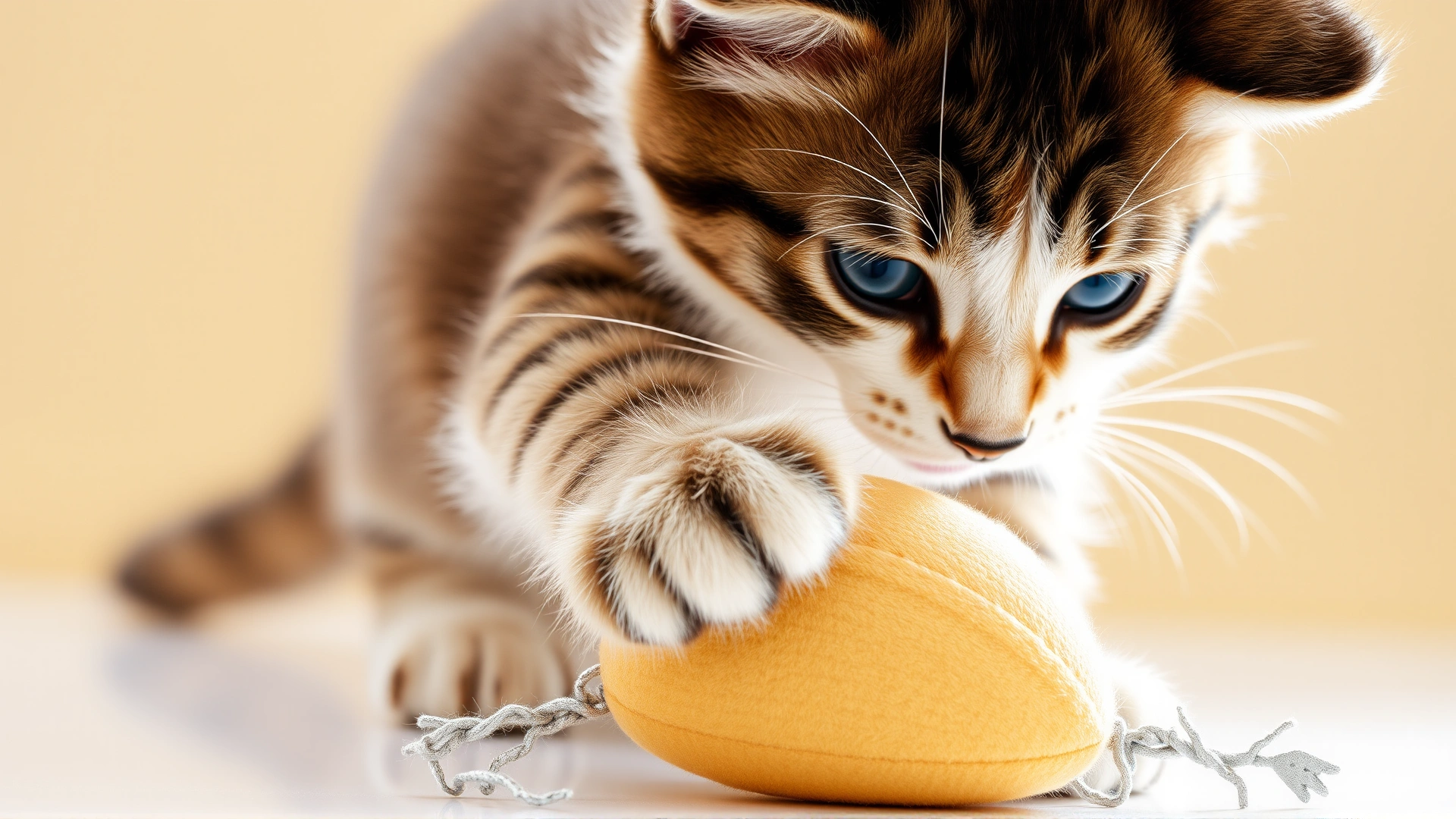 Playful young cat batting at a plush toy stuffed with silver vine, motion blur on paw, bright background.