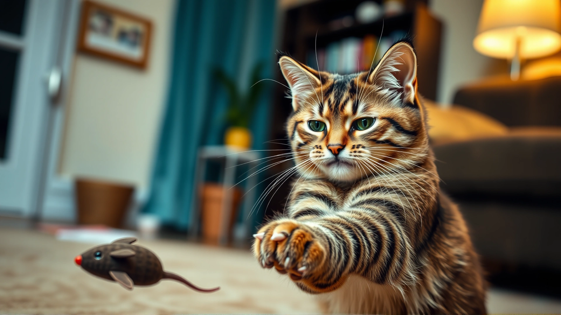 Energetic cat batting a catnip-stuffed mouse toy in a living room, motion blur on paw, warm cozy lighting, no text.
