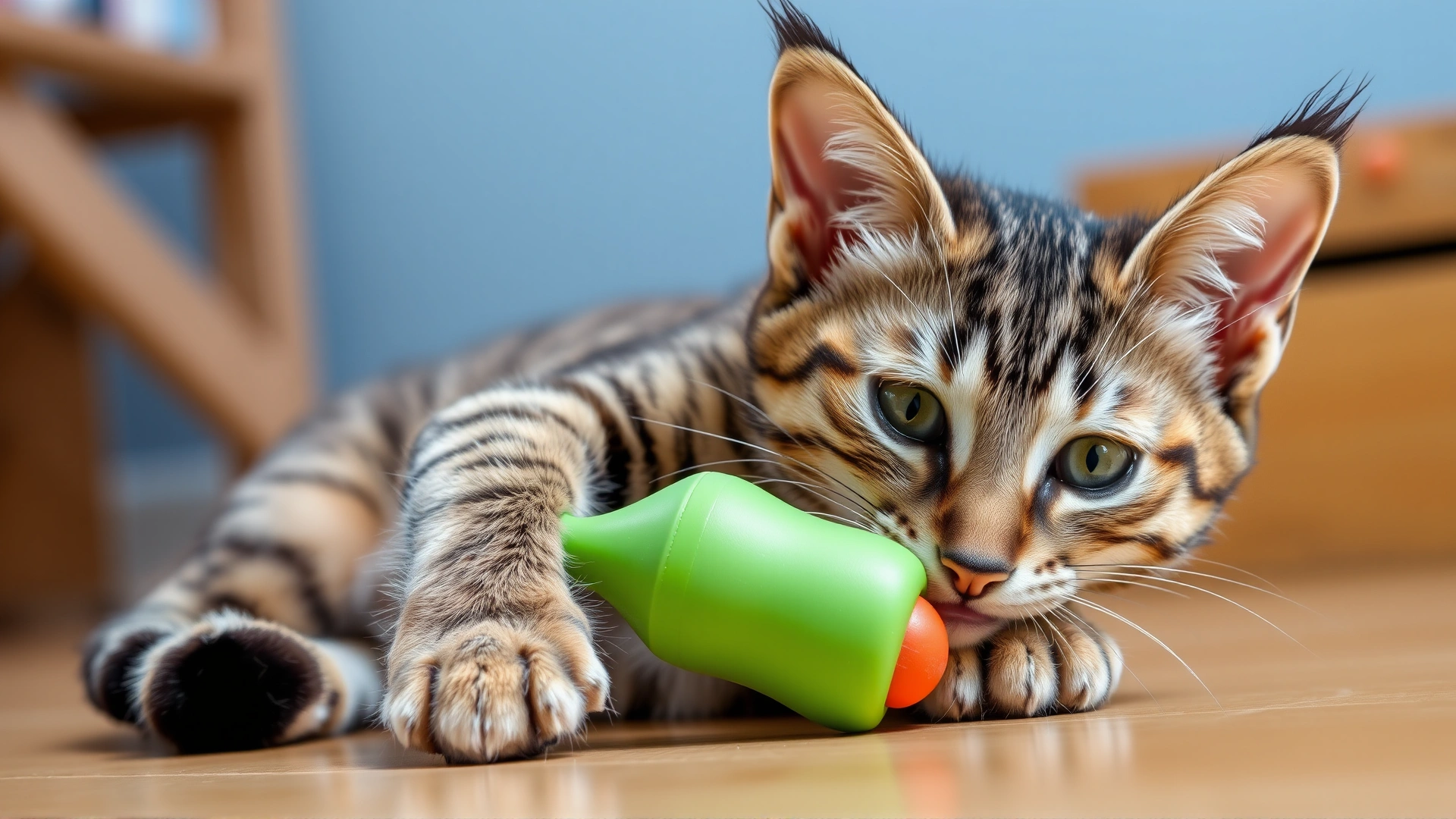 Young tabby cat happily playing with a soft rubber toy indoors, representing safe play to prevent dental fractures.