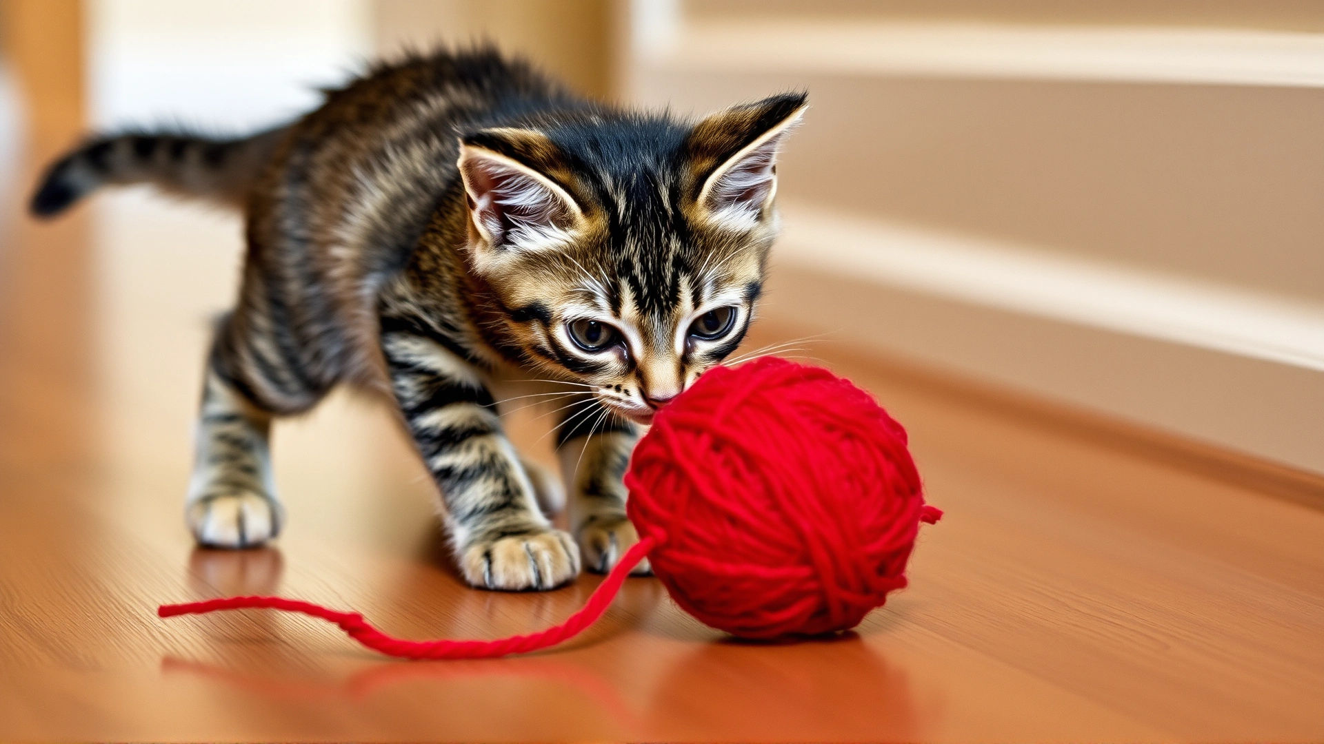 A curious young tabby cat batting at a bright red ball of yarn on a wooden floor, soft natural lighting