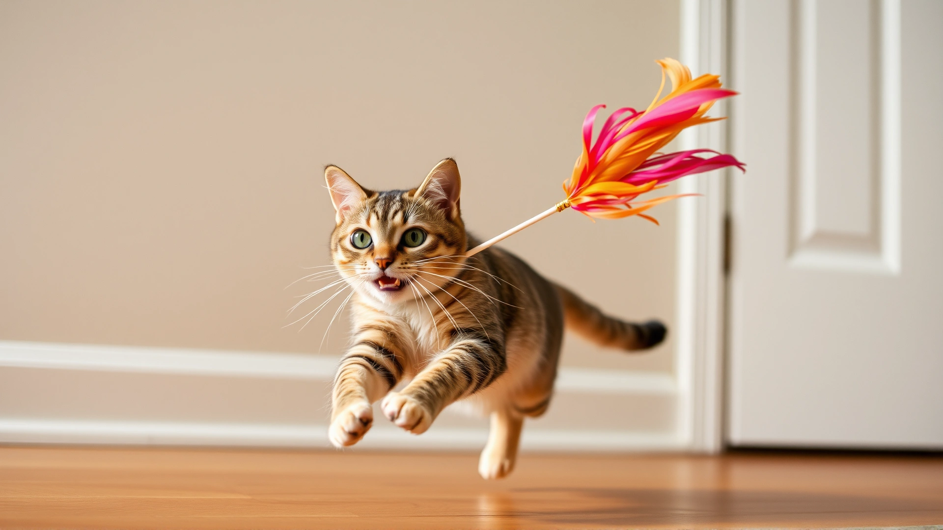 Indoor cat mid-pounce chasing a colorful feather wand toy, illustrating active play for exercise.