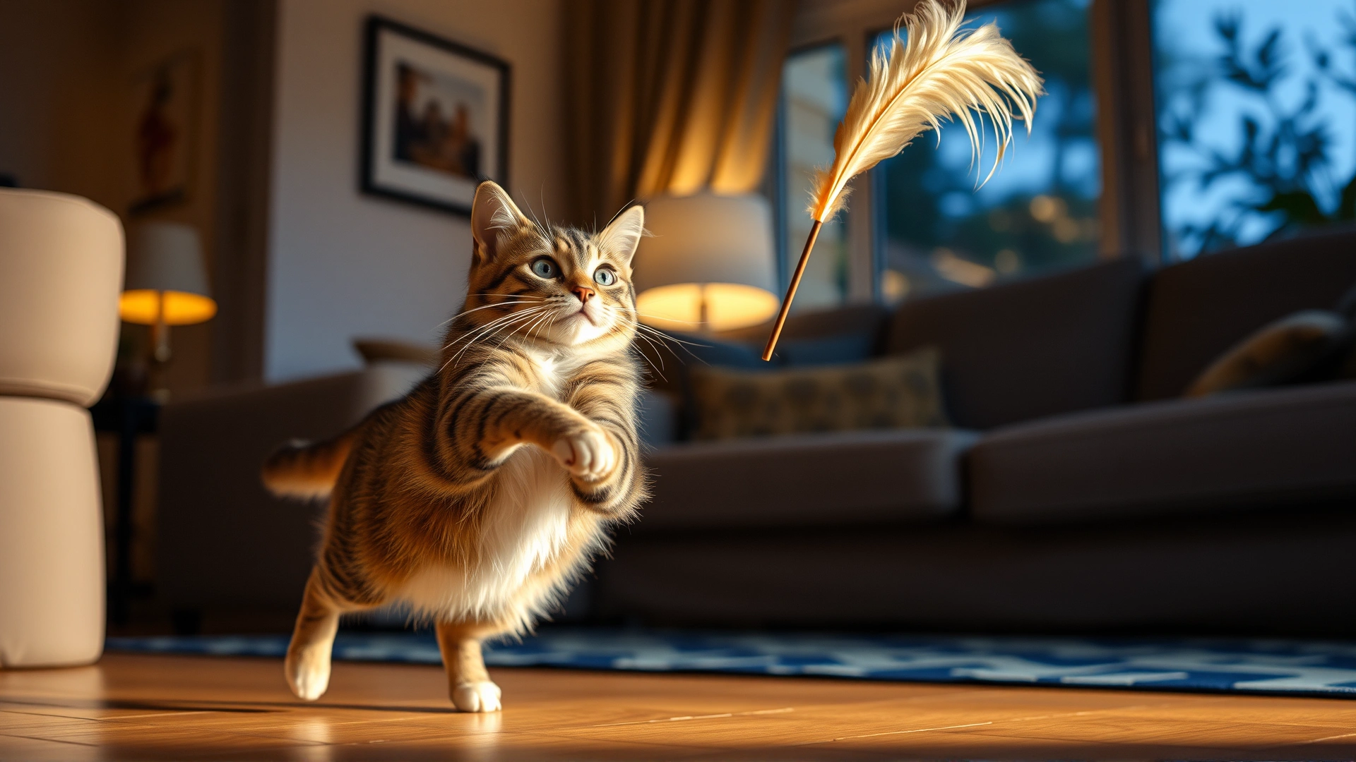 Indoor scene of a playful cat jumping after a feather wand toy in a living room during evening, warm lamplight setting.