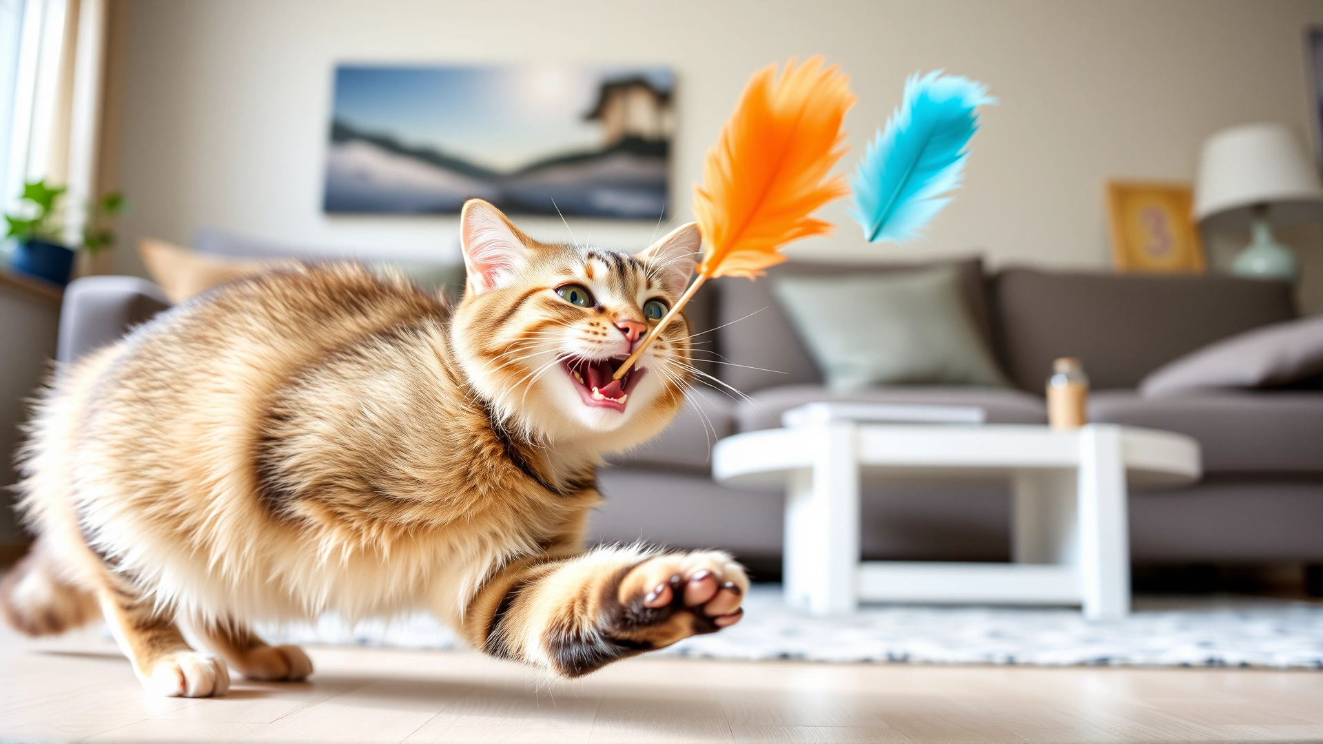 Happy adult cat chasing a feather wand toy in a bright living room