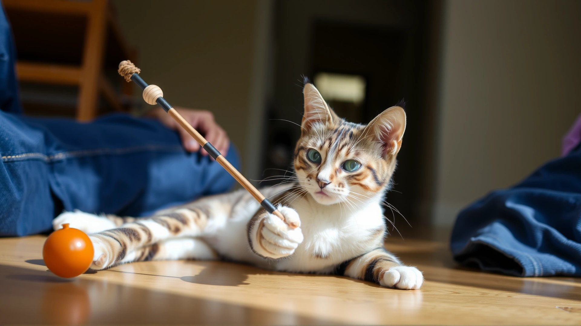 An adopted cat playing with a wand toy with its owner on the floor, bright natural lighting.
