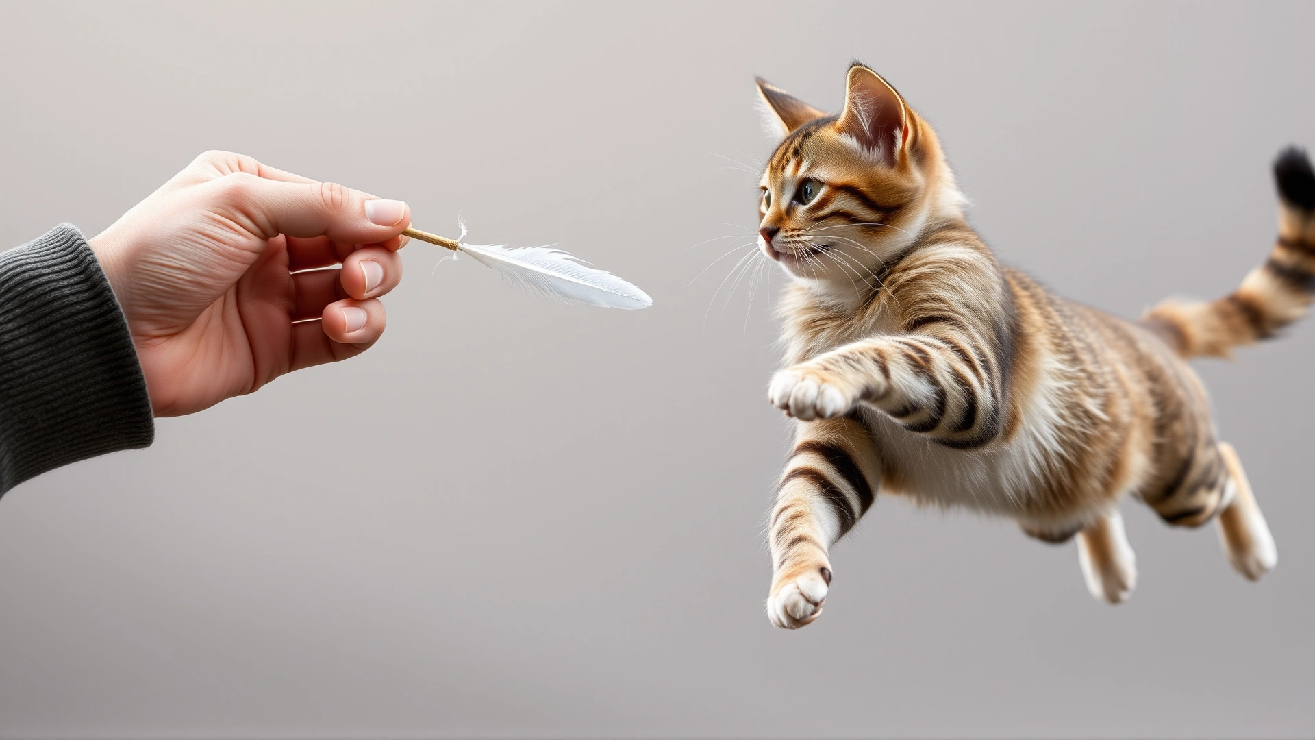 Human hand holding a feather wand toy while a playful cat leaps to catch it, demonstrating an interactive play session.