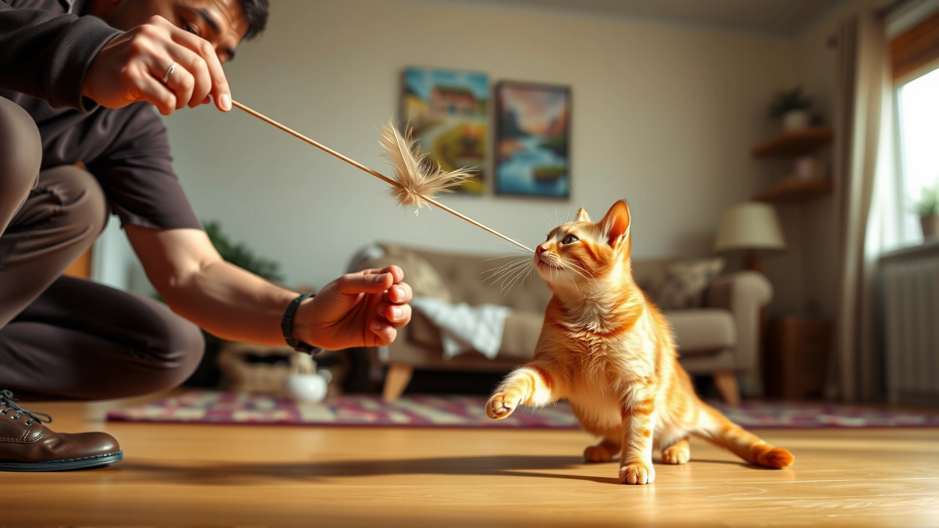 An owner using a feather wand toy to play with an active orange cat in a warm, well-lit living room.