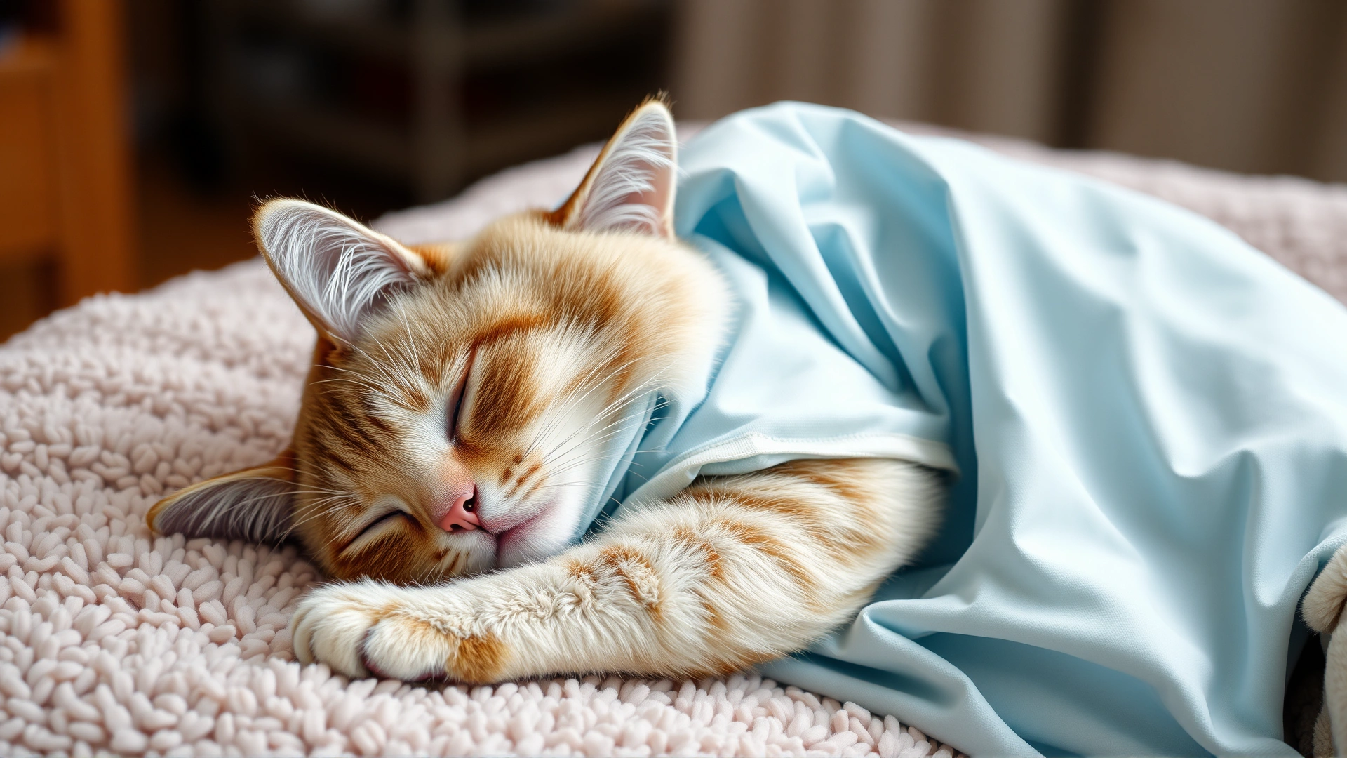 Domestic short-haired cat wearing a soft surgical recovery suit, resting comfortably on a plush blanket at home.