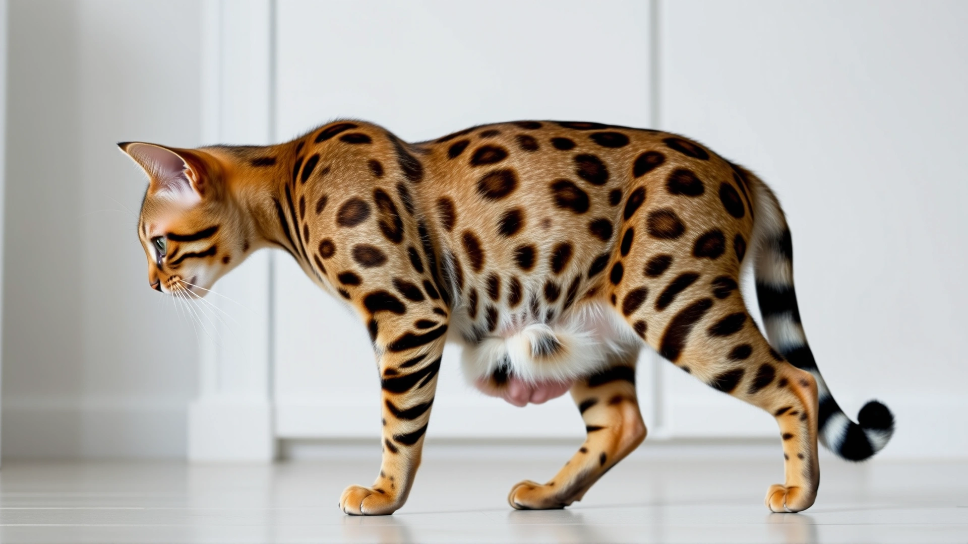 Full-body profile of an adult Bengal cat standing, clearly displaying the primordial pouch under its belly, with a clean indoor backdrop.