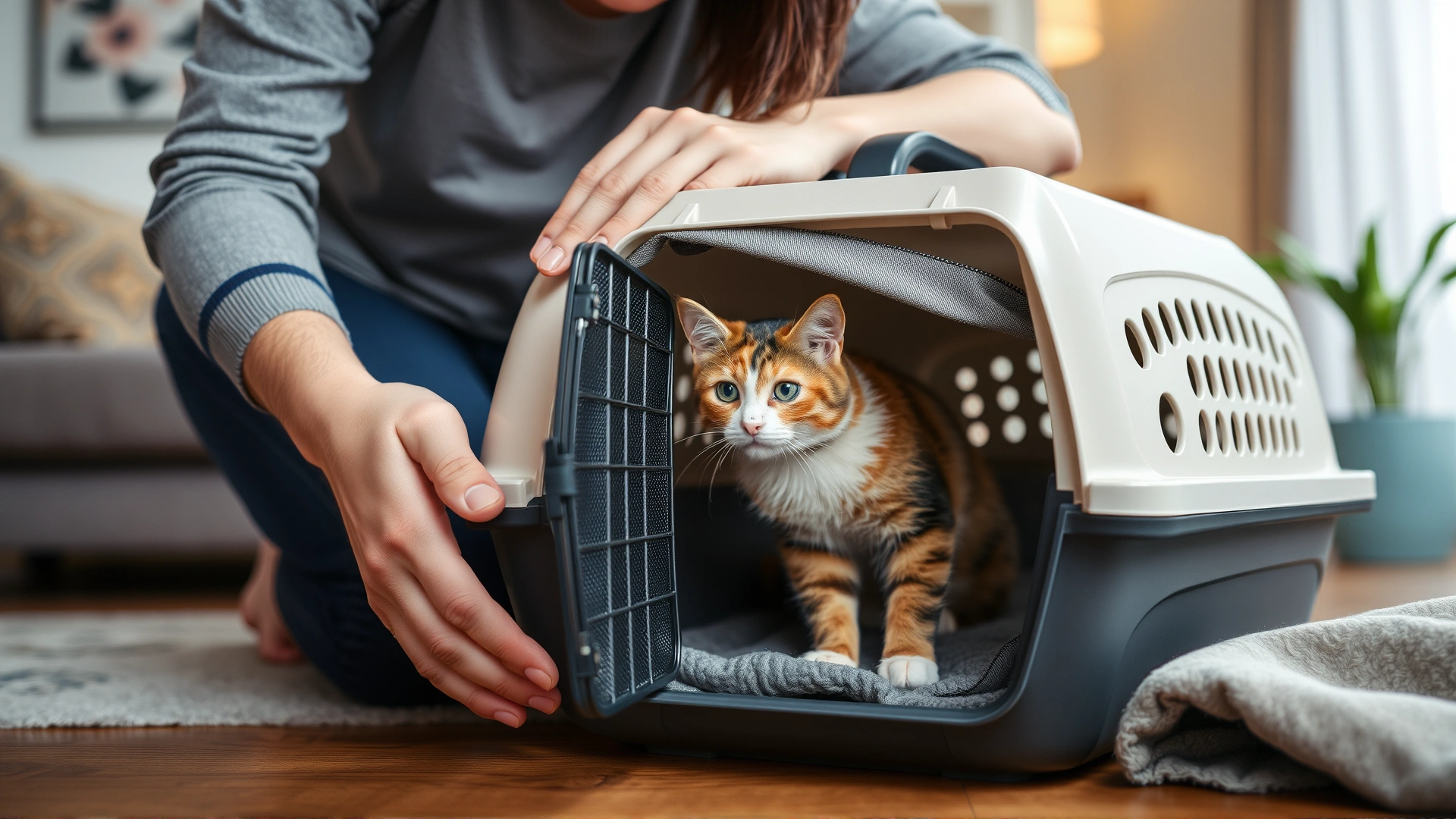 Cat owner calmly placing a cat into a cozy travel carrier in a home living room environment