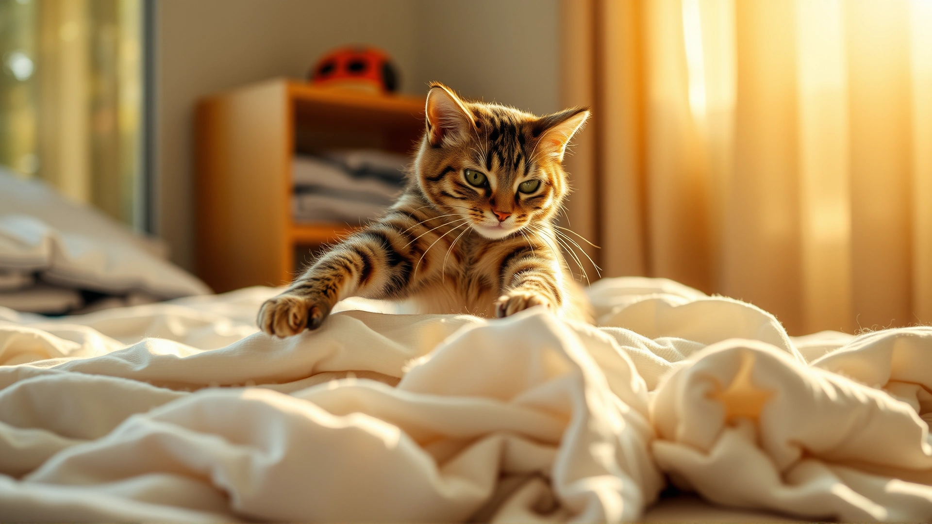 Adult cat pressing its paws on a pile of fresh laundry as if arranging a bed, bright daylight coming from window.