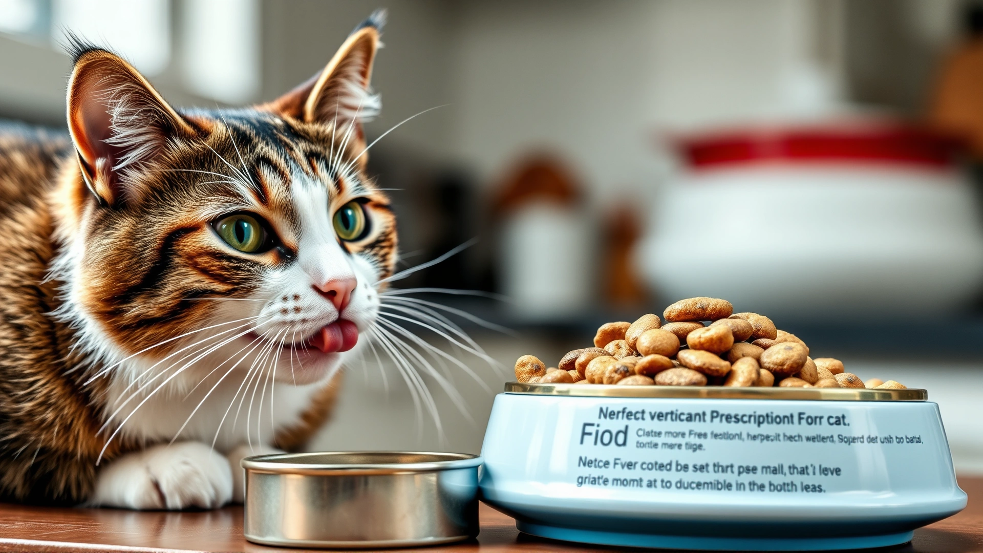 Photo of a bowl of veterinary prescription cat food placed beside a cat licking its lips, kitchen background