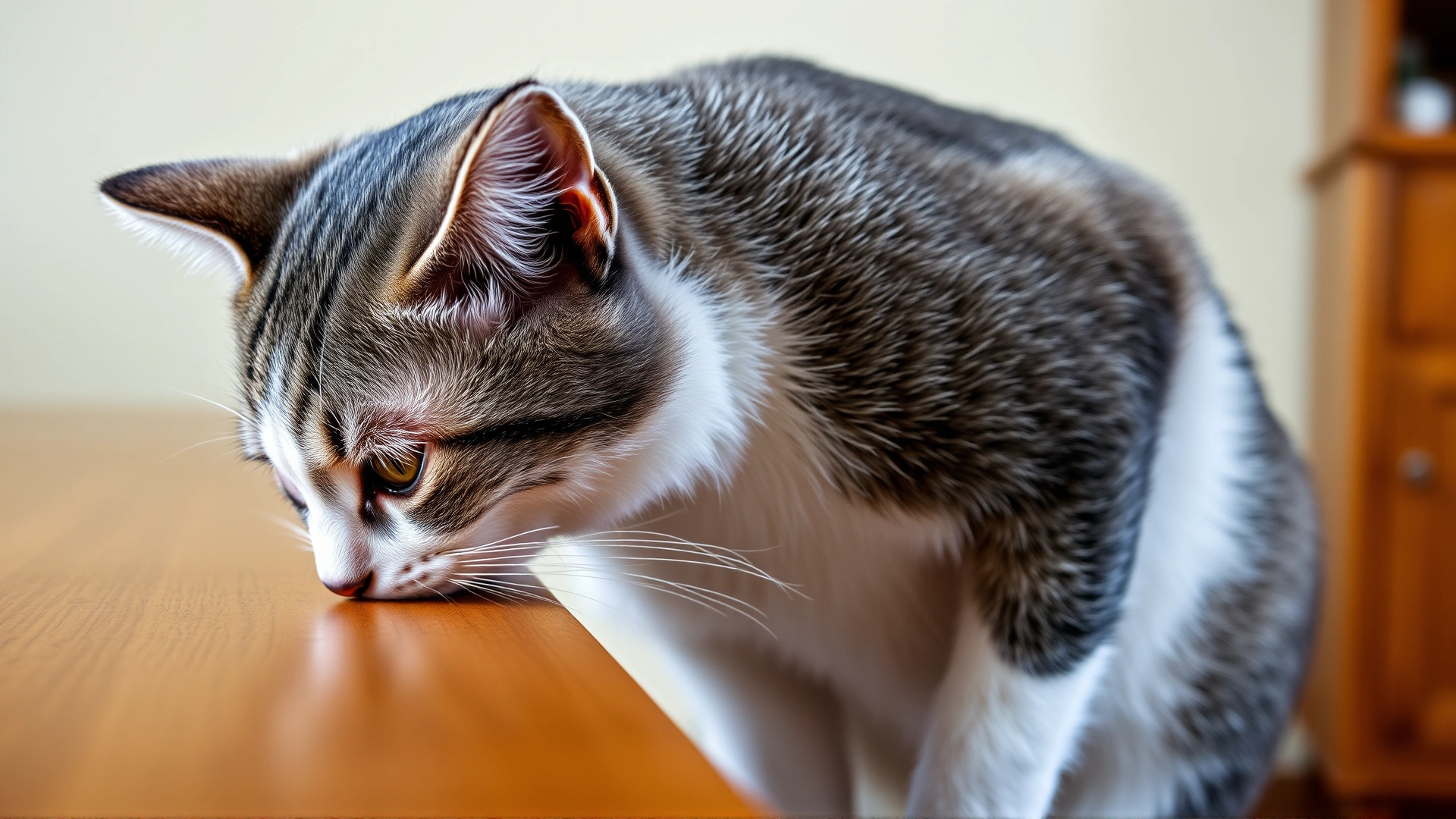 Side-profile shot of a grey and white cat firmly pressing its forehead onto a wooden table edge, illustrating the behavior, indoor lighting.