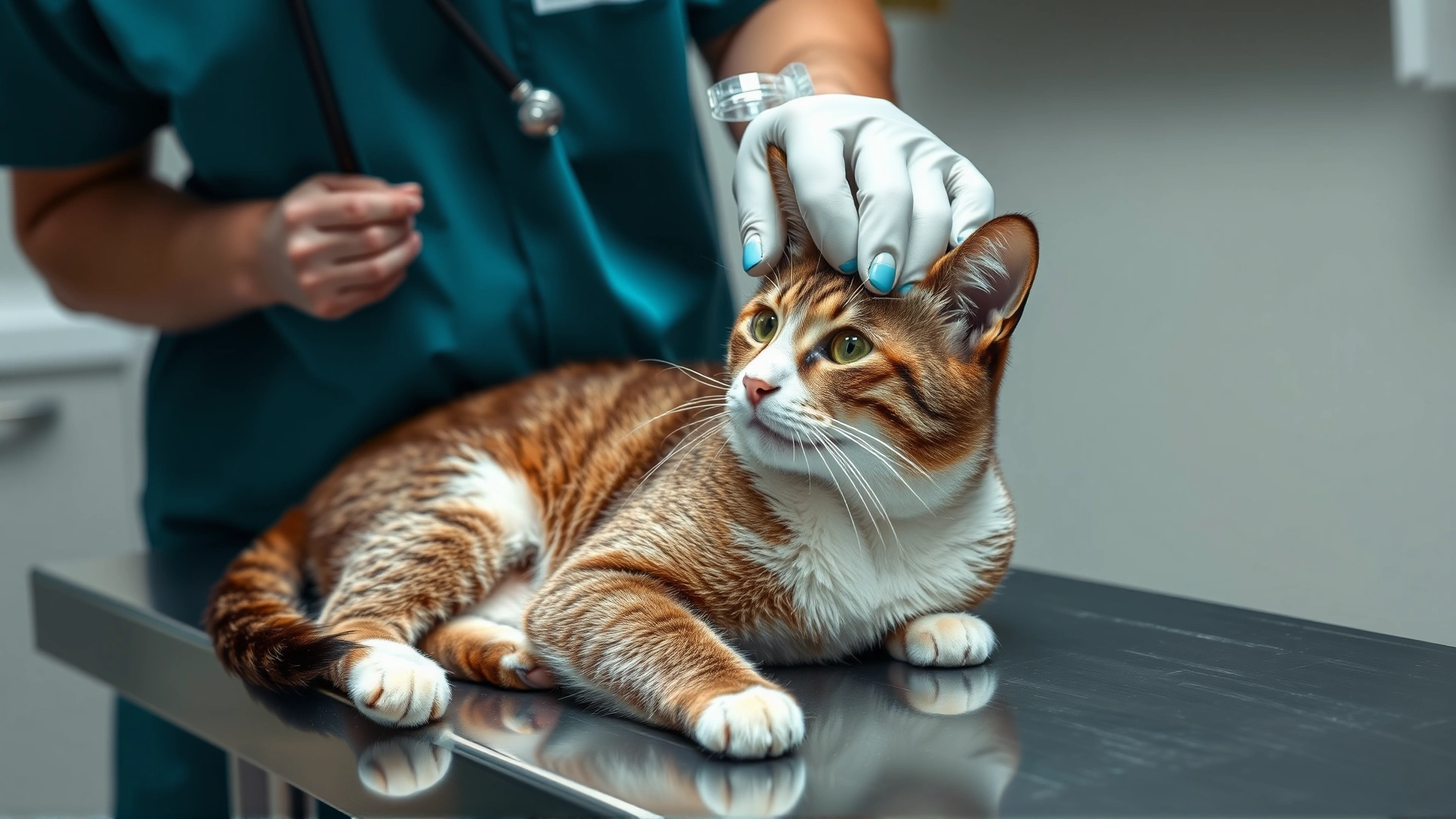 Illustrative photo of a healthy donor cat on a stainless steel exam table, veterinarian gently drawing blood into a collection bag, clear label showing blood type A.