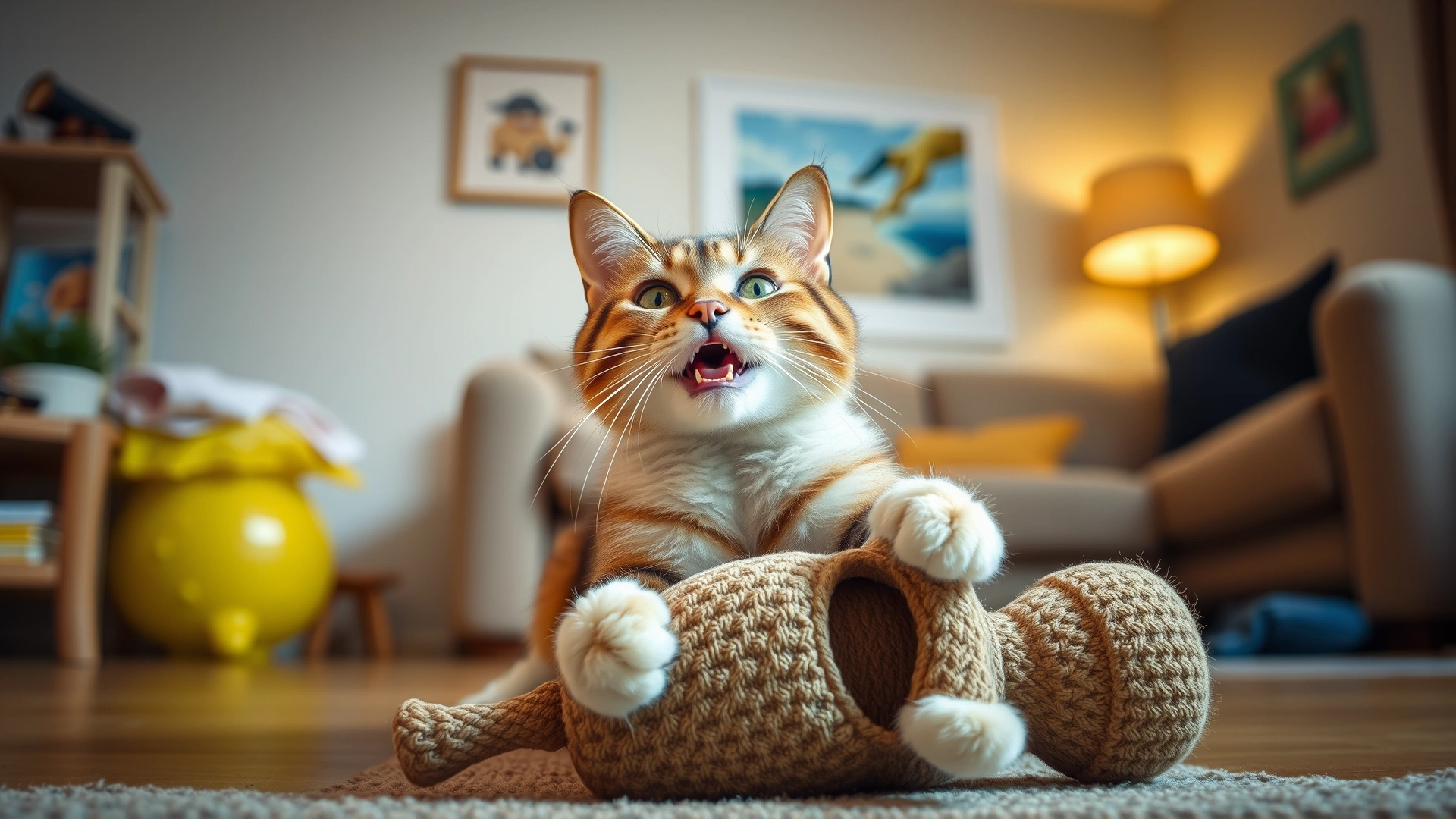 Happy cat playing safely with a large cat toy in a tidy living room free of small objects or plastic bags, warm lighting showing a safe environment.
