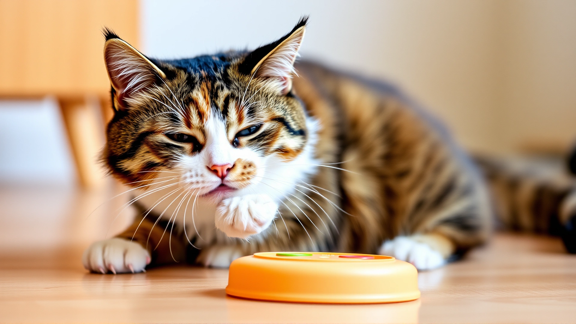 Playful cat engaging with a floor-level interactive toy, demonstrating safe exercise for joint health.