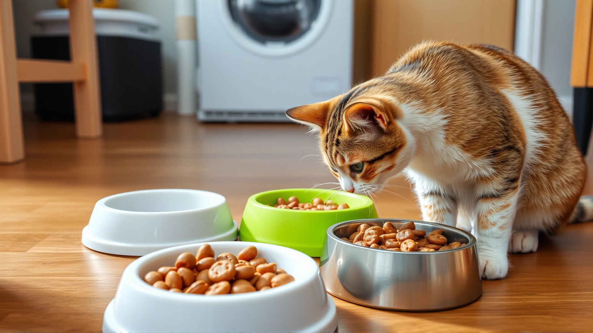 A playful indoor scene with a cat sniffing different types of wet and dry food bowls arranged on the floor, illustrating dietary management.