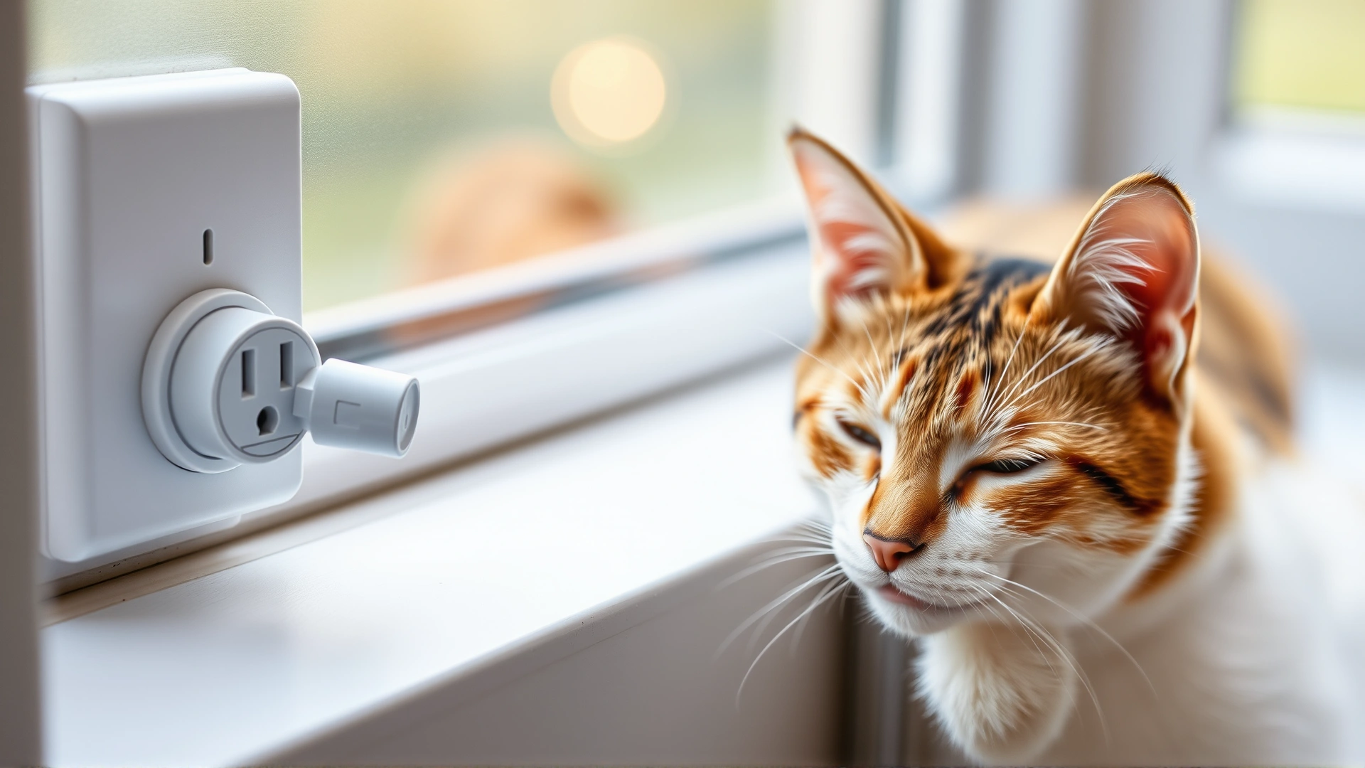 Close-up of a Feliway cat pheromone diffuser plugged into a wall socket beside a relaxed cat lying on a windowsill