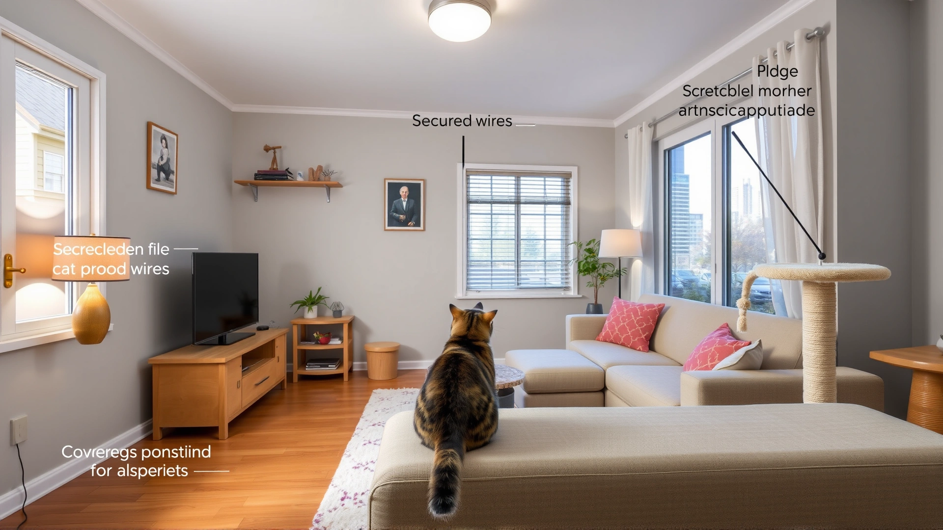 A cozy living room with clearly visible cat-proofing elements like secured wires, covered furniture corners, and a scratching post.