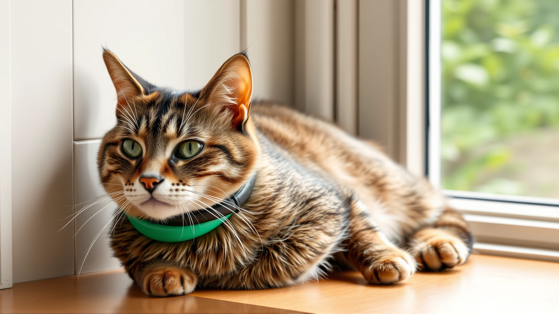 Healthy cat wearing a modern lightweight flea collar while relaxing on a windowsill with greenery outside.