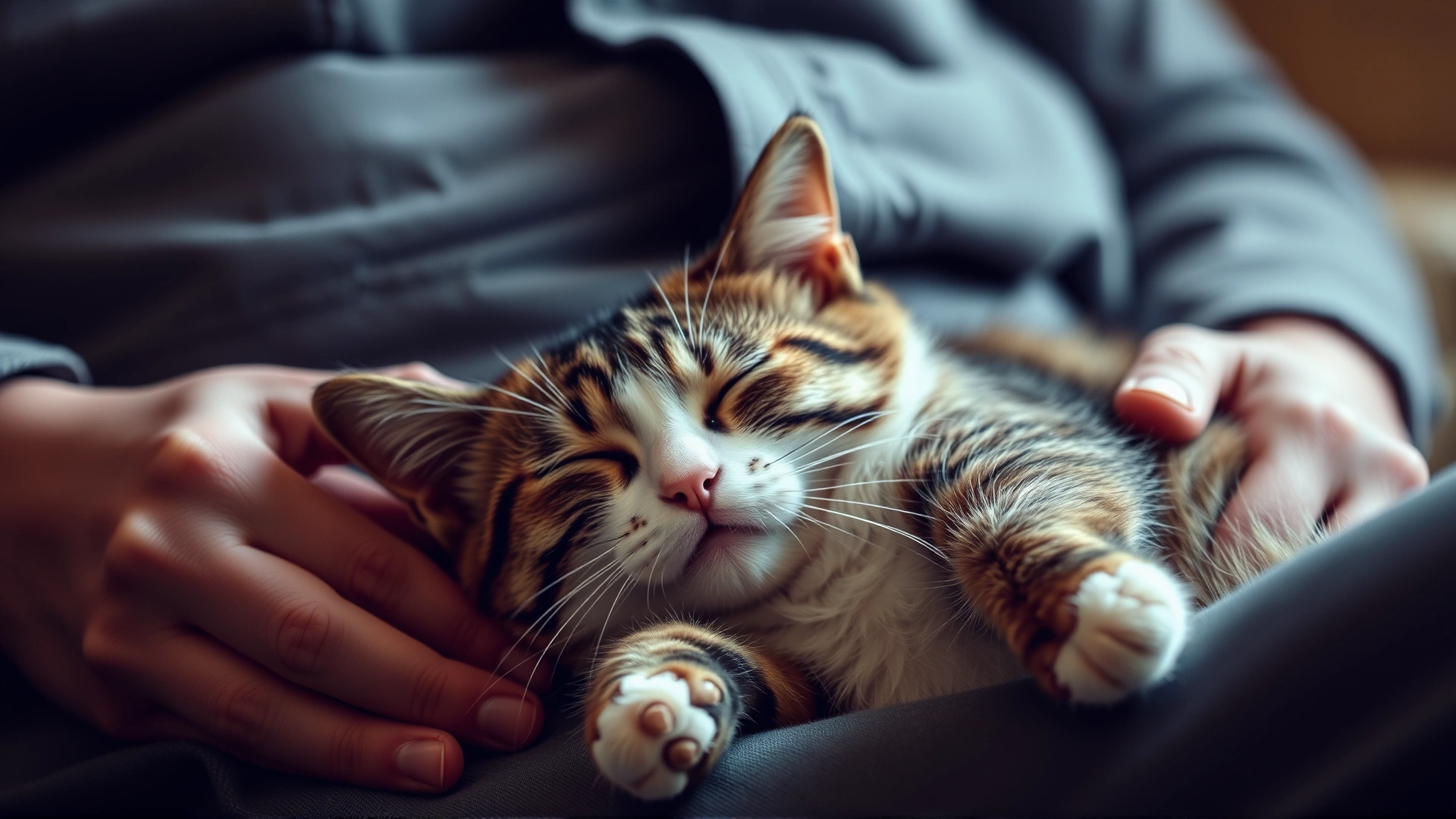 Content cat lying on owner's lap, eyes half closed, owner gently petting the cat, visible sense of comfort and purring vibe.