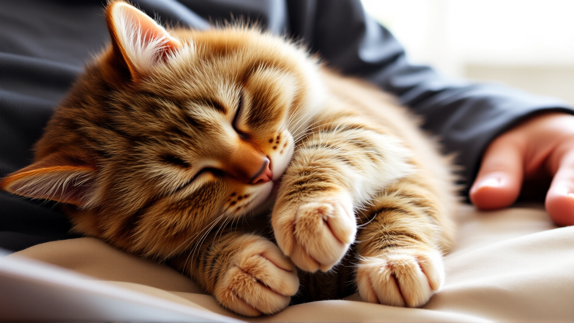 Domestic cat curled up on its owner's lap, visibly relaxed while purring