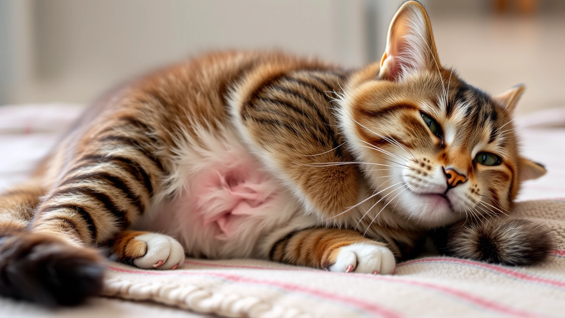 Close-up of a female cat showing subtle signs of abdominal discomfort, lying on a blanket, neutral indoor background