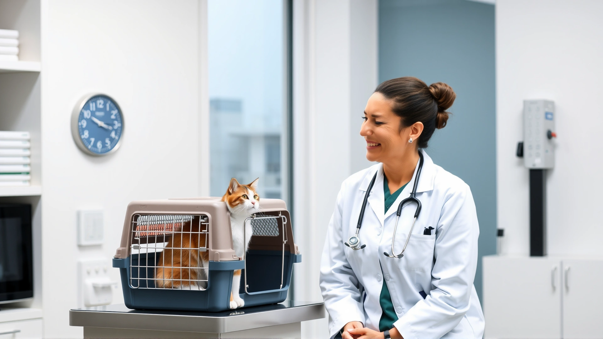 Friendly vet talking to a cat owner inside a modern clinic, both smiling, cat in carrier on table.