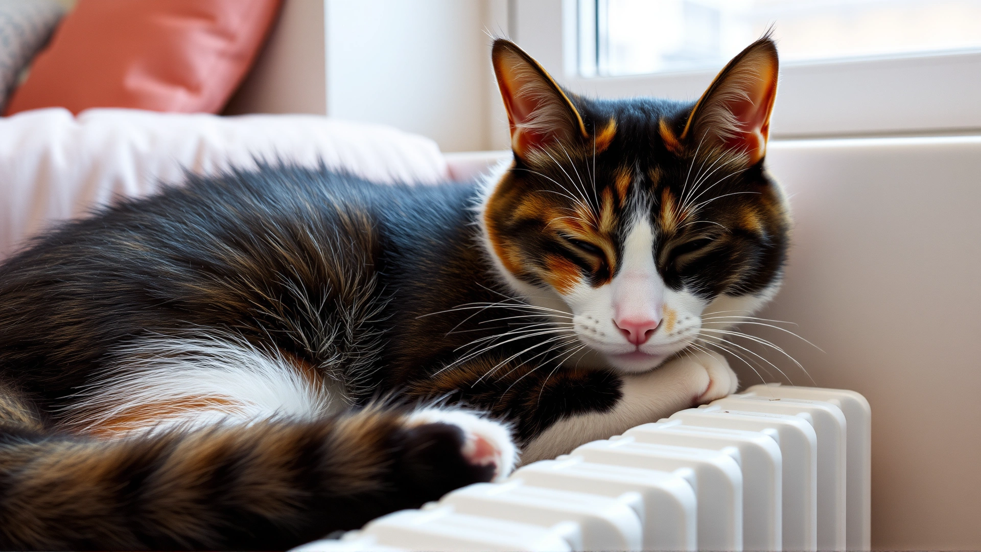 Calico cat sleeping comfortably next to a white radiator inside a cozy living room on a winter day