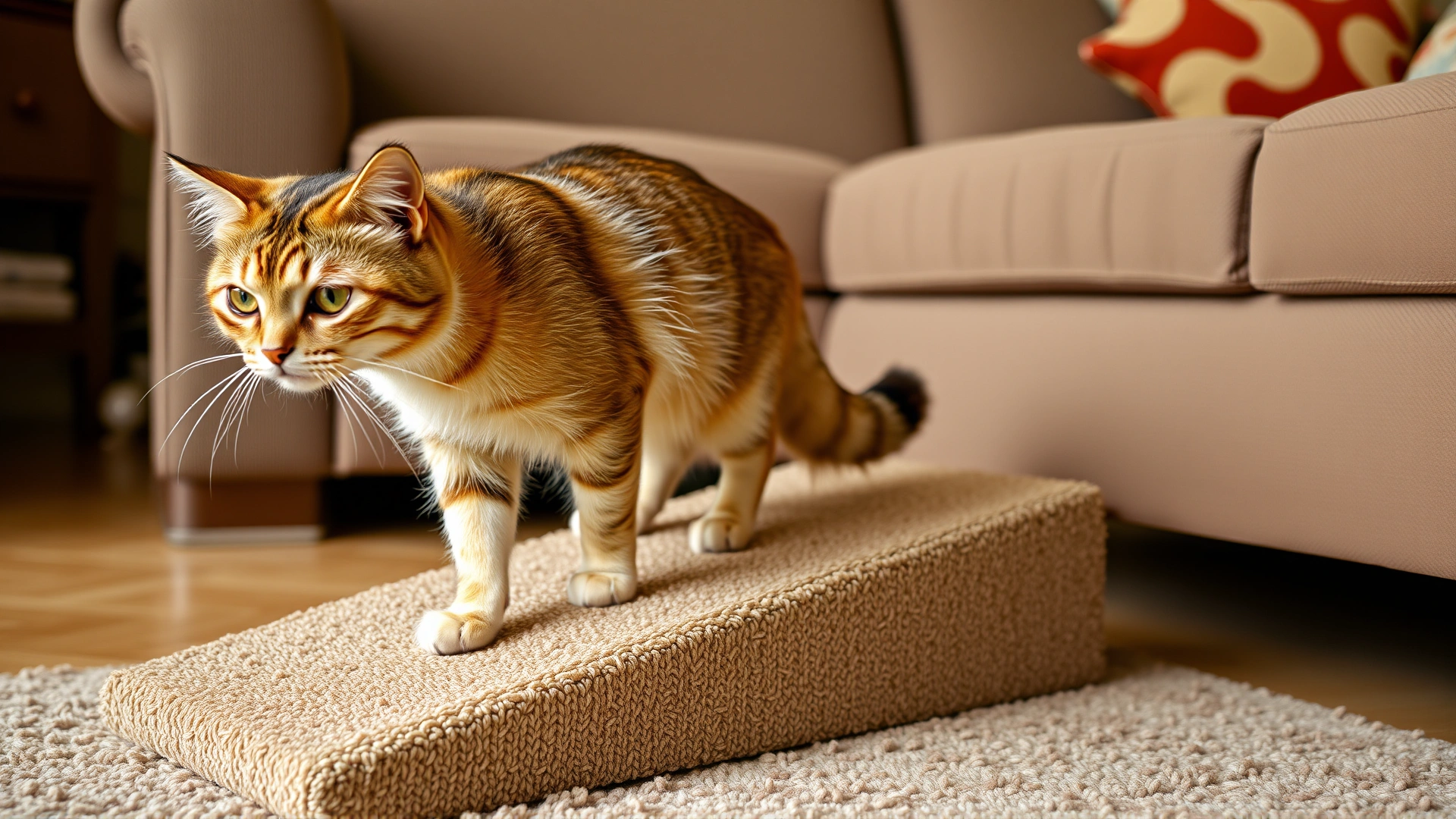 Senior cat walking up a carpeted ramp positioned next to a sofa