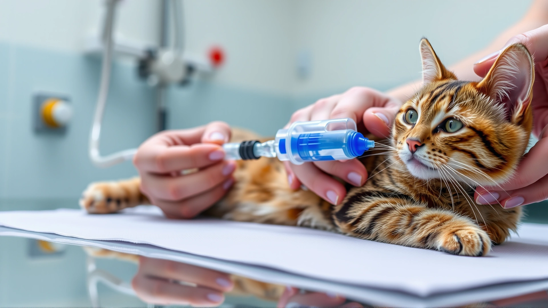 Photo of a cat in a veterinary hospital receiving intravenous fluids through a catheter, veterinarian’s hands adjusting the IV line, no text