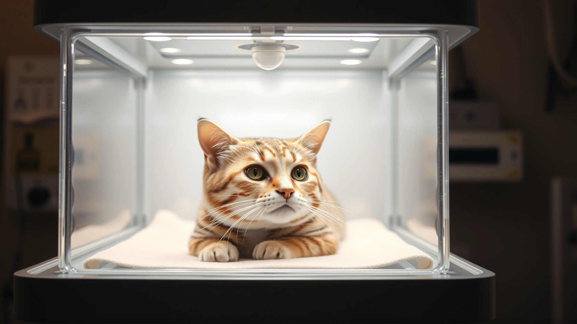 Image of a cat in an oxygen chamber (clear acrylic box) receiving oxygen therapy, soft lighting, veterinary ICU setting, no text.